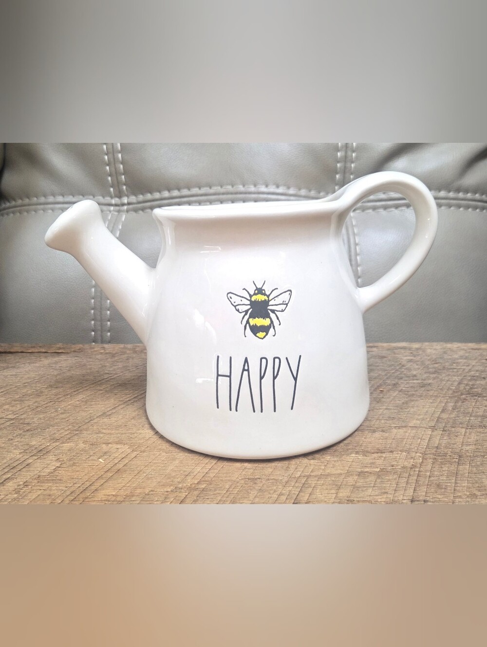 Rae Dunn Bumble "Bee Happy" Ceramic Mini Watering Can EUC ~ Bin O
